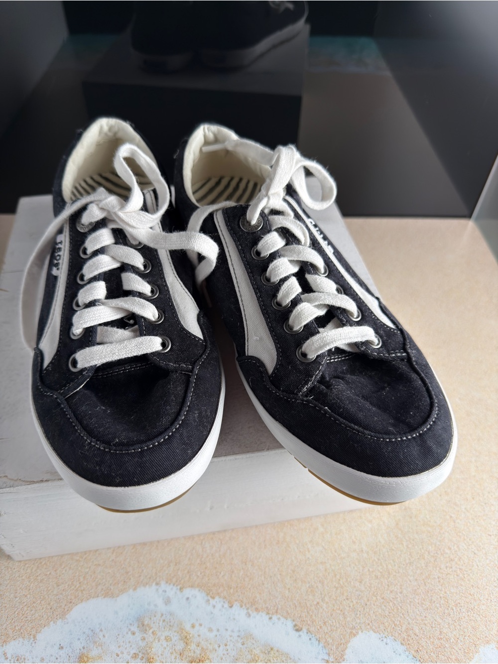 Taos Classic Black Canvas  Sneakers with White Accents, Size 7.5.